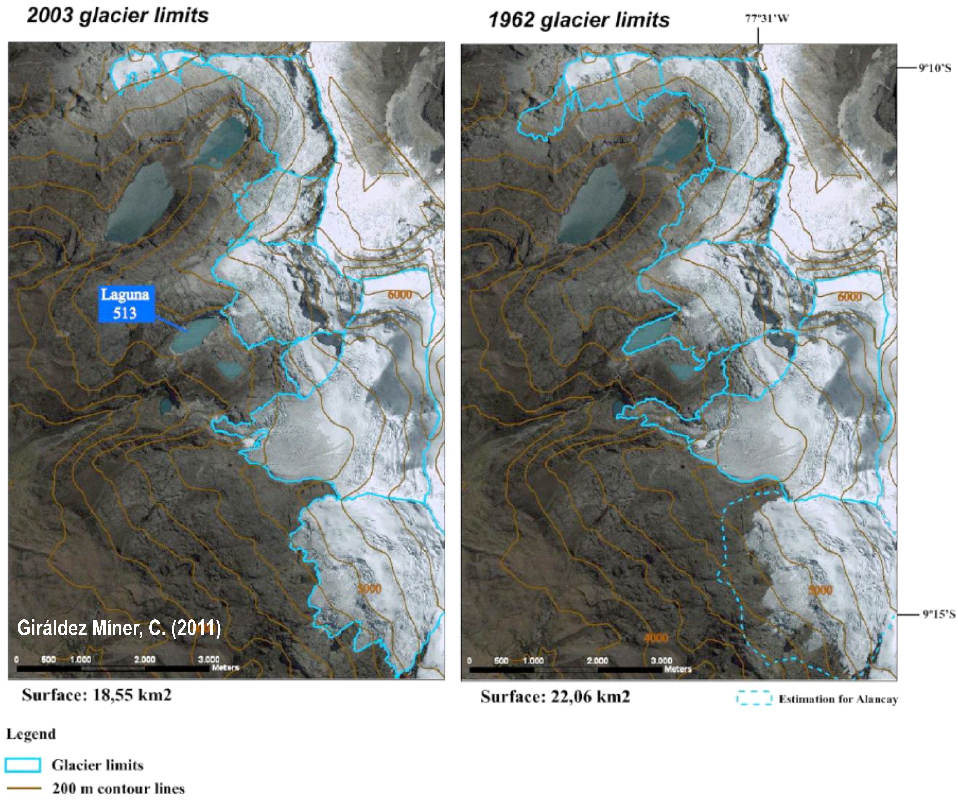 Glacier evolution in the South West slope of Nevado Hualcán (Cordillera Blanca, Perú). Fuente: Giráldez Míner, C. (2011). Trabajo Fin de Máster. https://eprints.ucm.es/14013/